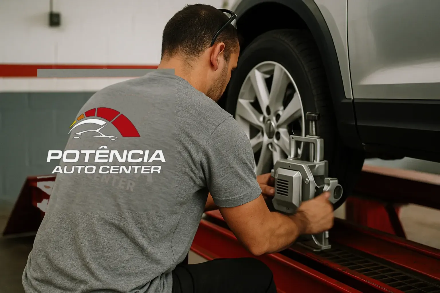Técnico da Potência Auto Center realizando alinhamento de rodas com a logo da empresa estampada na camiseta